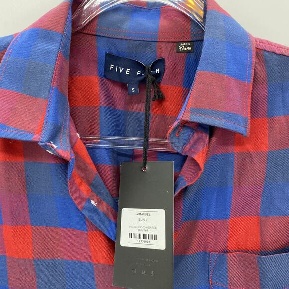 New FIVE FOUR Mens Long Sleeve Plaid Shirt  Size S Shacket Pockets Red Blue - Picture 3 of 8